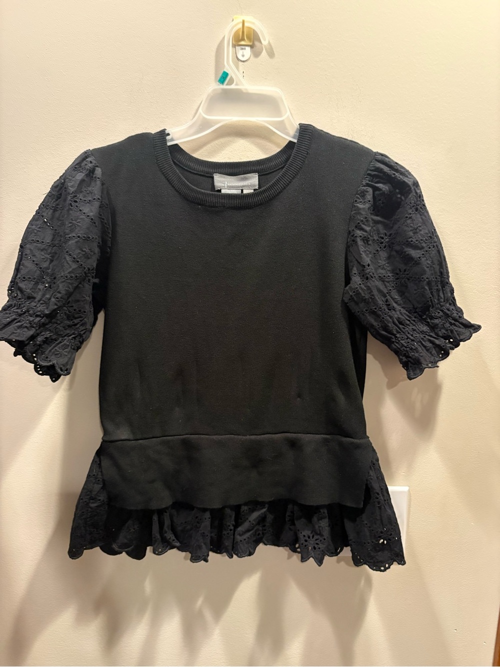 Anthropologie Black Eyelet Peplum Sweater Top - Picture 3 of 7